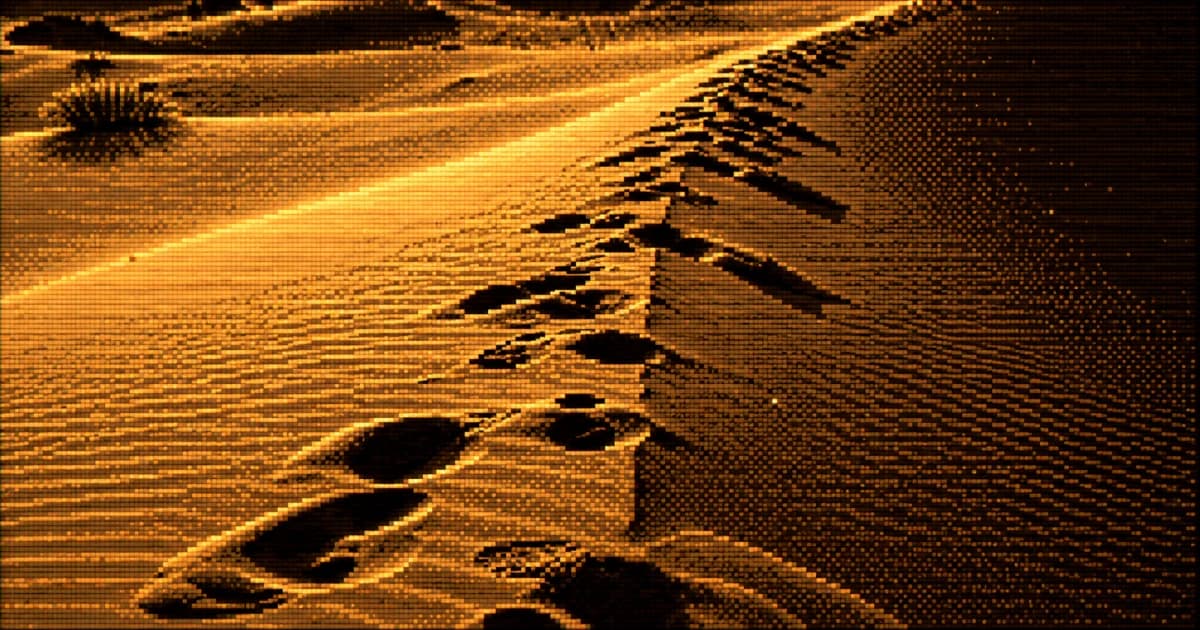 Pixelated view of a series of footprints following a sand dune ridge, with larger impressions in the foreground receding into the distance across rippled sand.