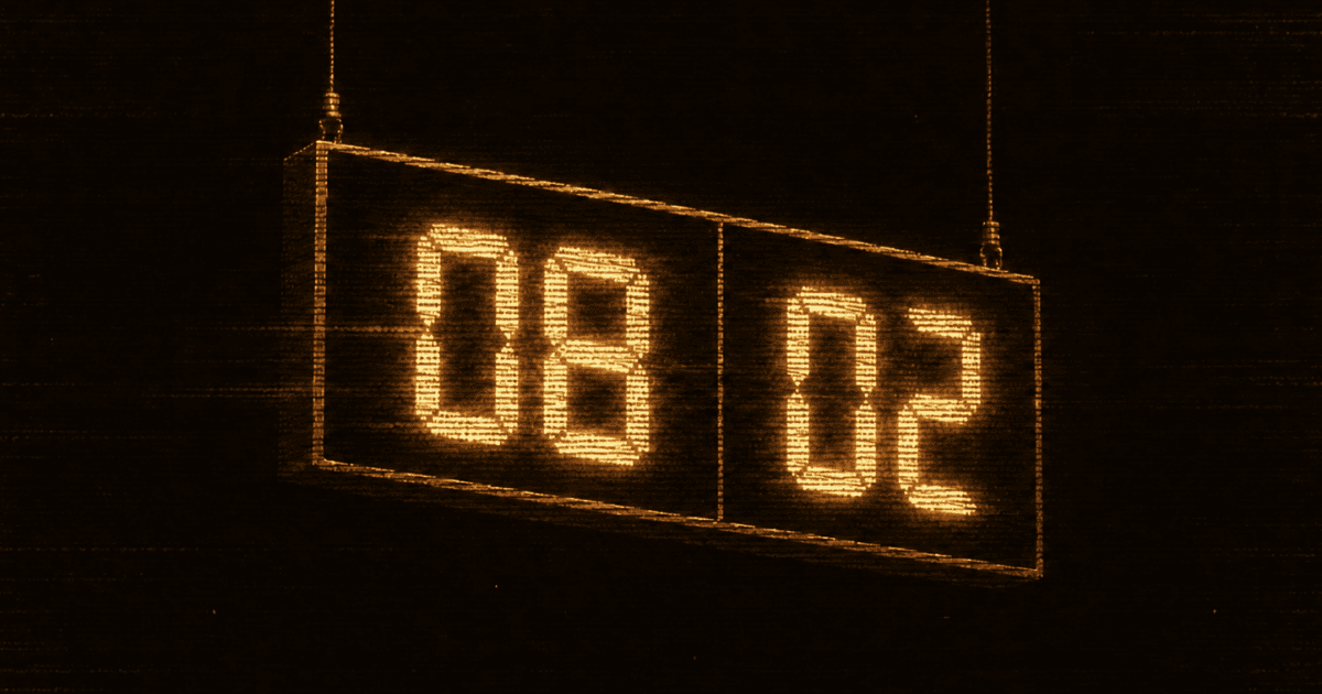 Suspended electronic scoreboard against a dark background.