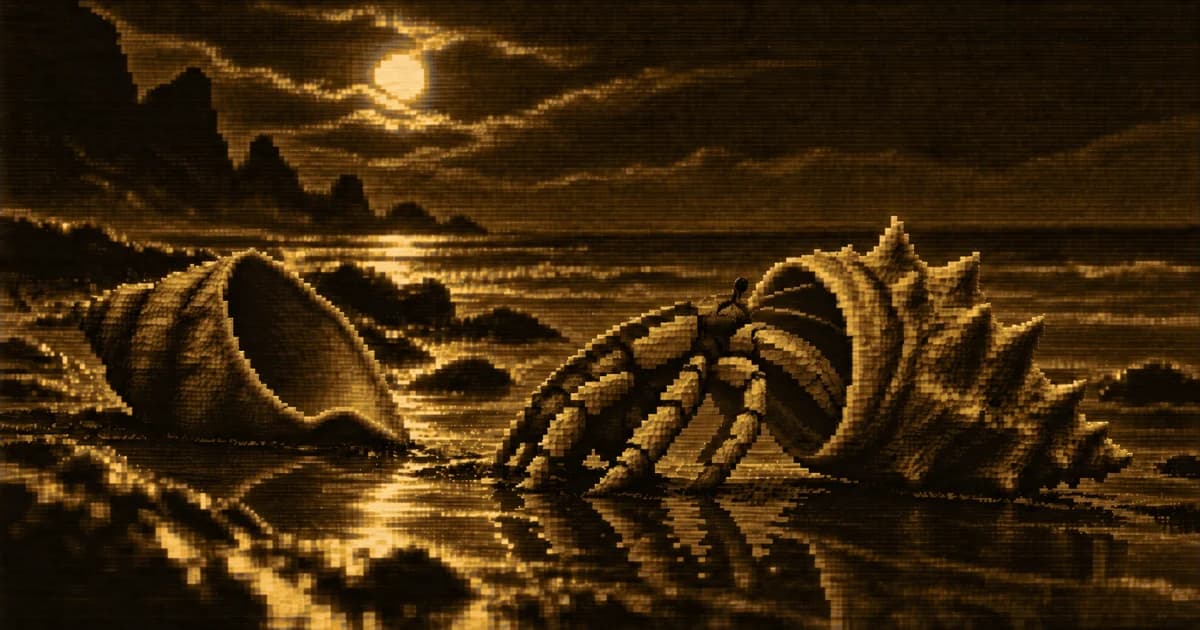A hermit crab crawls across a rocky shoreline toward a large spiked shell, with an abandoned spiral shell behind it and the sea in the background.