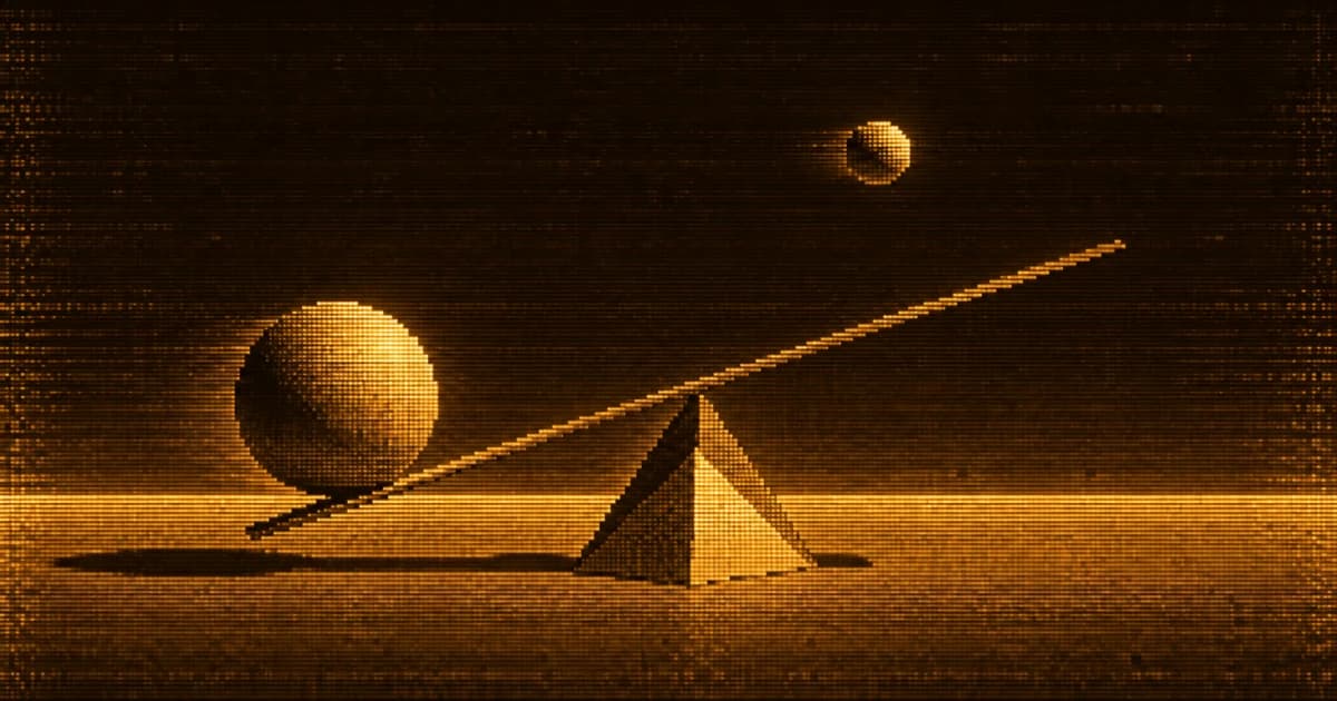 A large sphere rests on one end of a tilted balance beam supported by a triangular fulcrum, with a smaller sphere suspended above the raised opposite end.