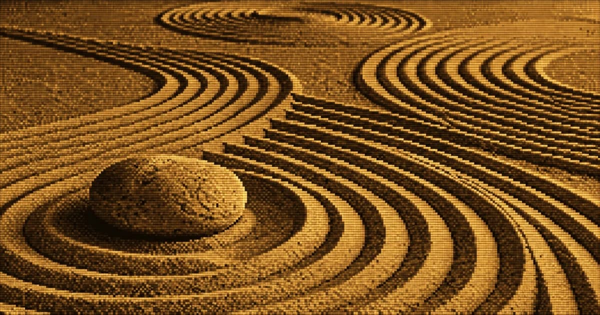 A single rounded stone sits in a raked Zen garden, surrounded by concentric rings and sweeping curved sand lines.