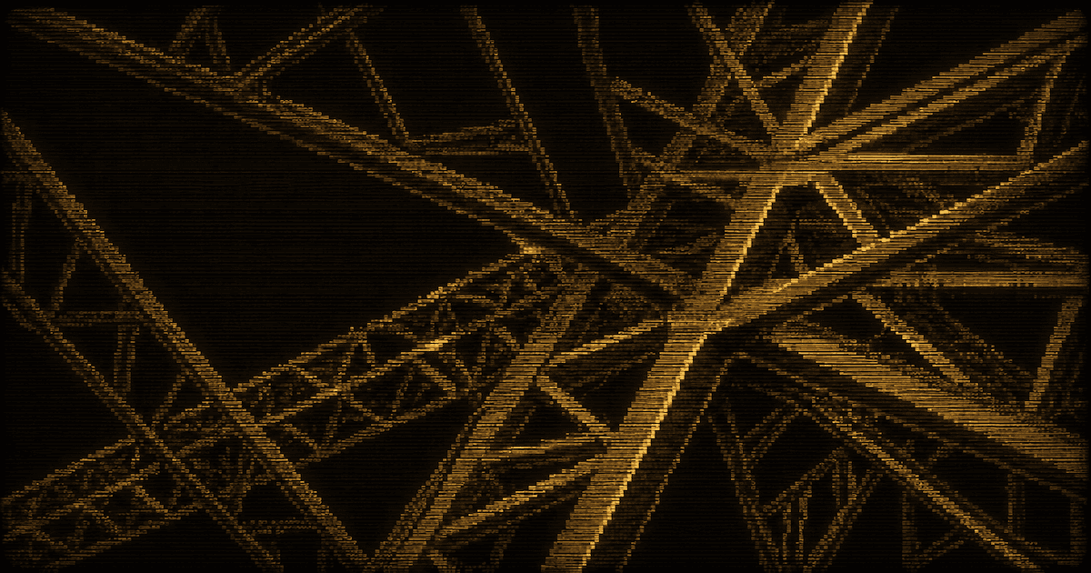 Overlapping steel trusses intersect at multiple depths against a dark field.