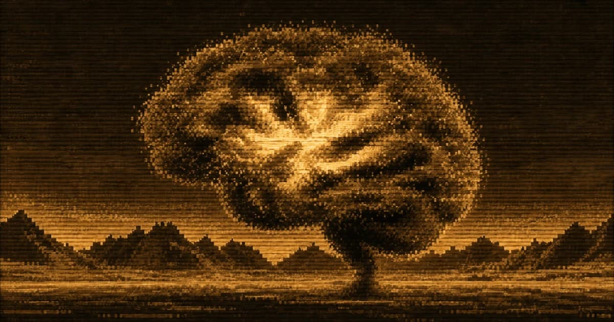 A solitary tree stands in an open landscape, its dense canopy forming the shape of a human brain.