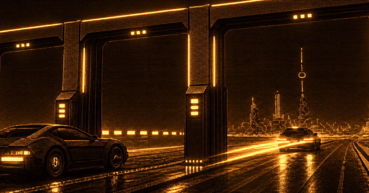 Futuristic highway checkpoint with cars speeding towards a distant city skyline.