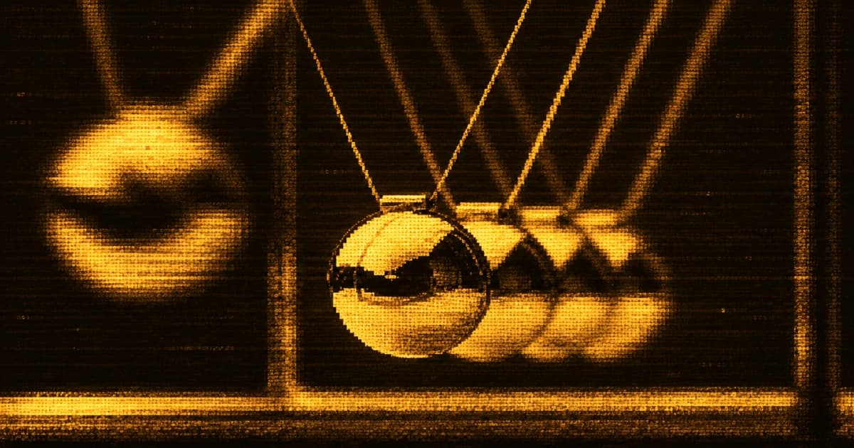Close-up of a Newton’s cradle with one ball swung outward on the left and the remaining metal balls aligned in the frame.