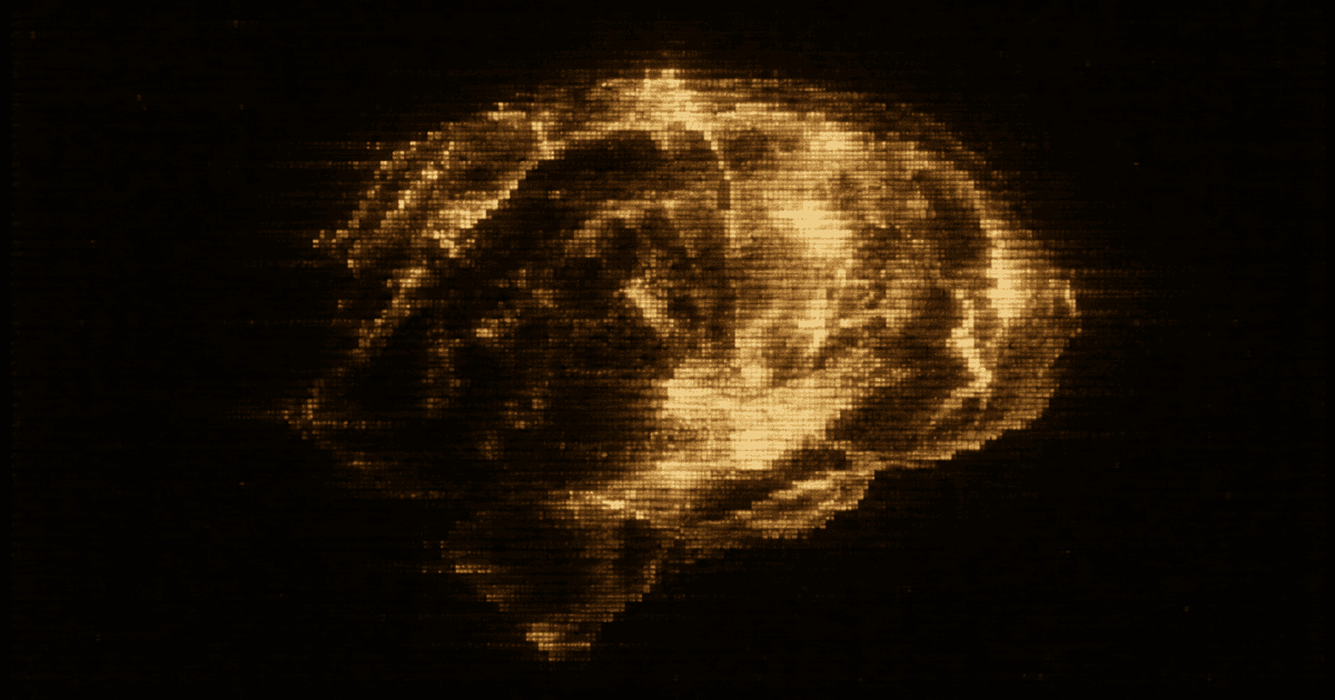 A pixelated digital rendering of a brain against a dark background.