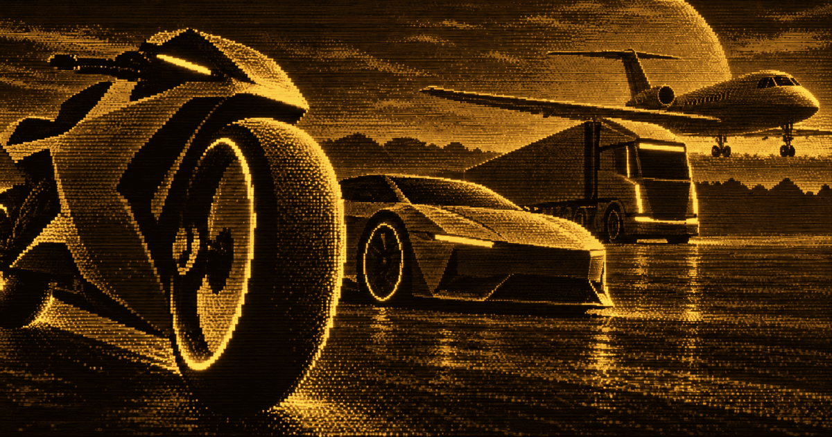 Various forms of transport, including a motorcycle, sports car, heavy truck, and aircraft.