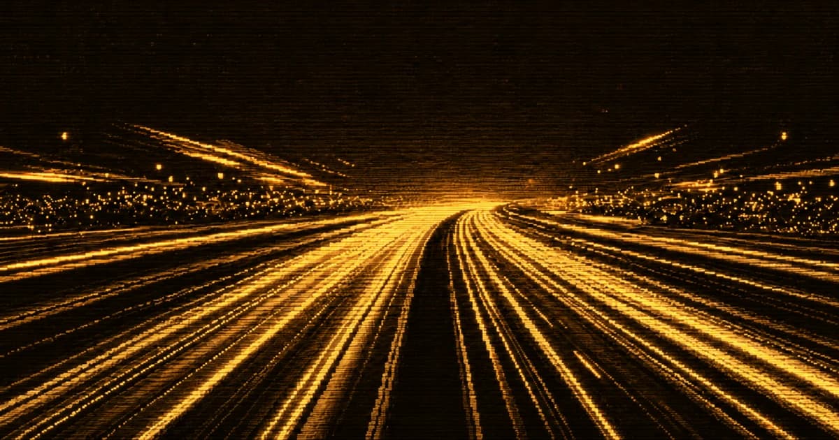 Long-exposure light trails sweep along a curving multi-lane highway at night, converging toward a bright vanishing point in the distance.