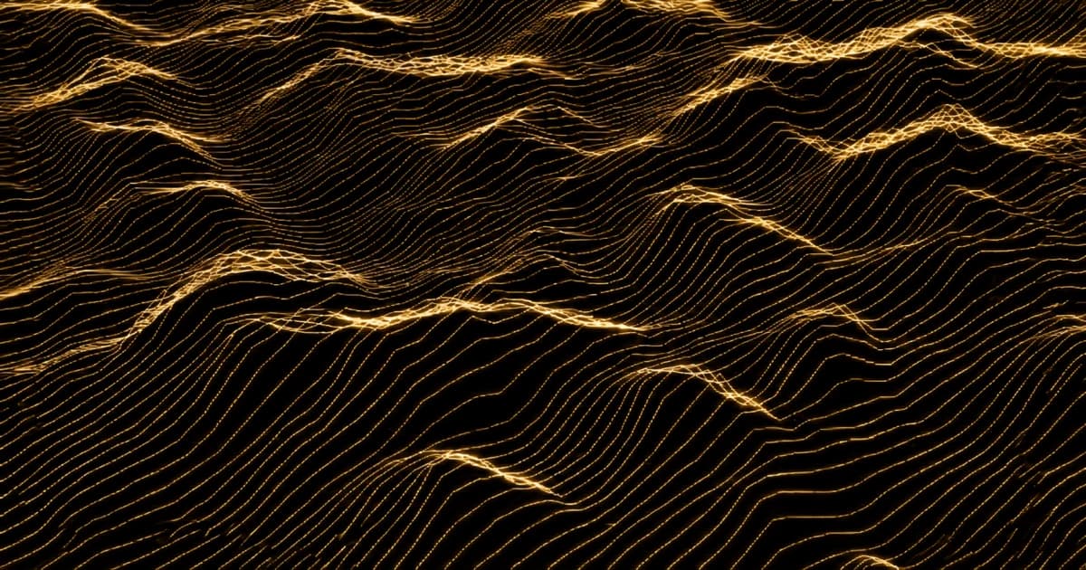 Abstract digital field of thin, closely spaced wavy lines forming layered ridges and valleys across a dark background.