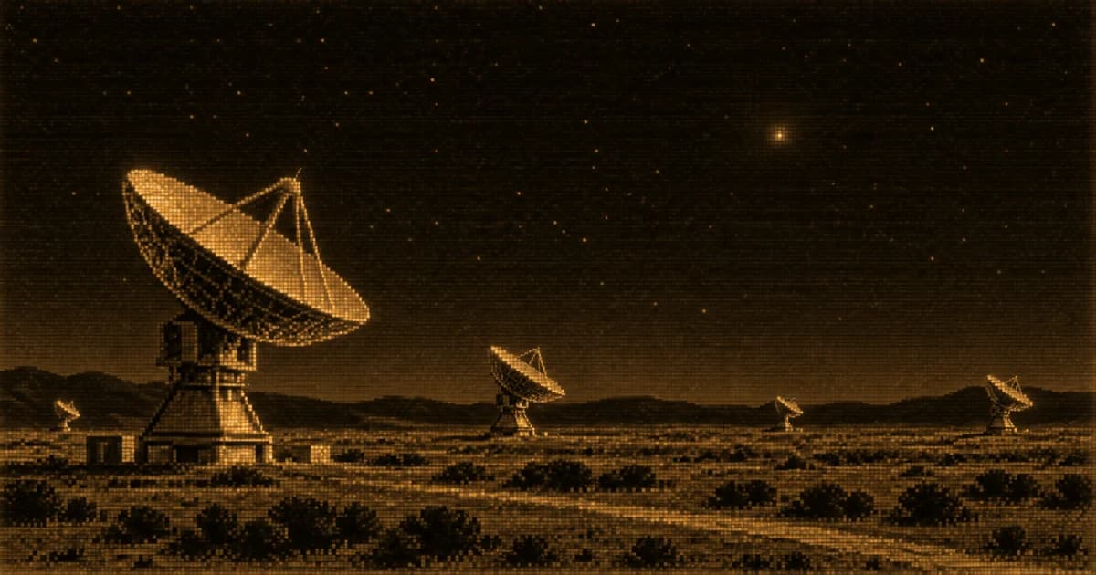 A radio telescope array at night, spaced across a flat desert plain beneath a starry sky.