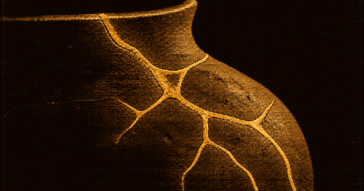 Close-up of a fractured ceramic vessel repaired with solid kintsugi-style seams.