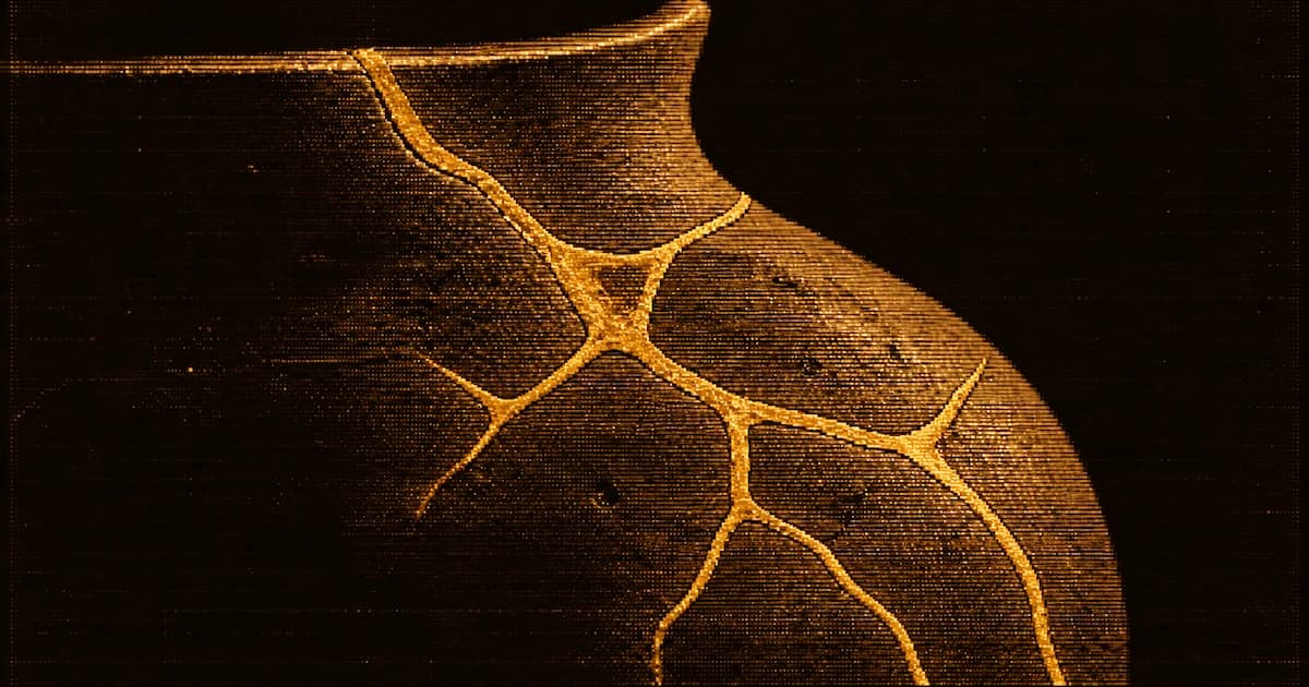 Close-up of a fractured ceramic vessel repaired with solid kintsugi-style seams.