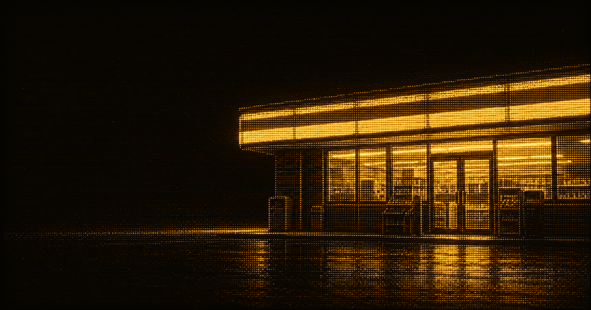 A brightly lit convenience store at night, surrounded by a vast, empty dark landscape.
