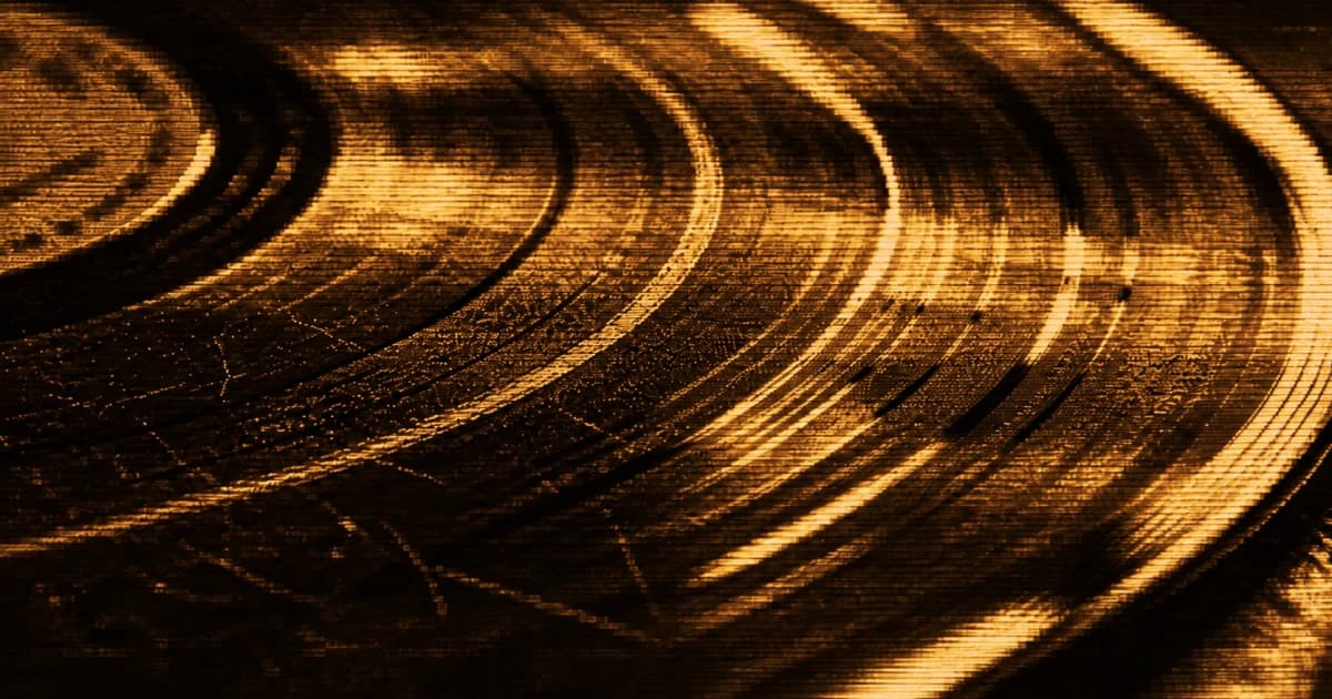 Close-up of a vinyl record surface with concentric grooves, light scratches, and one visibly worn circular groove.