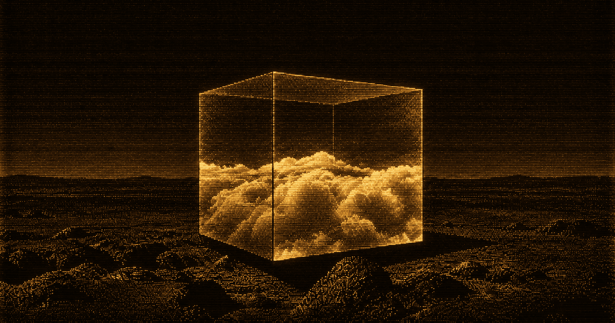 A clear glass cube containing a dense cloud mass, surrounded by a sparse barren landscape.