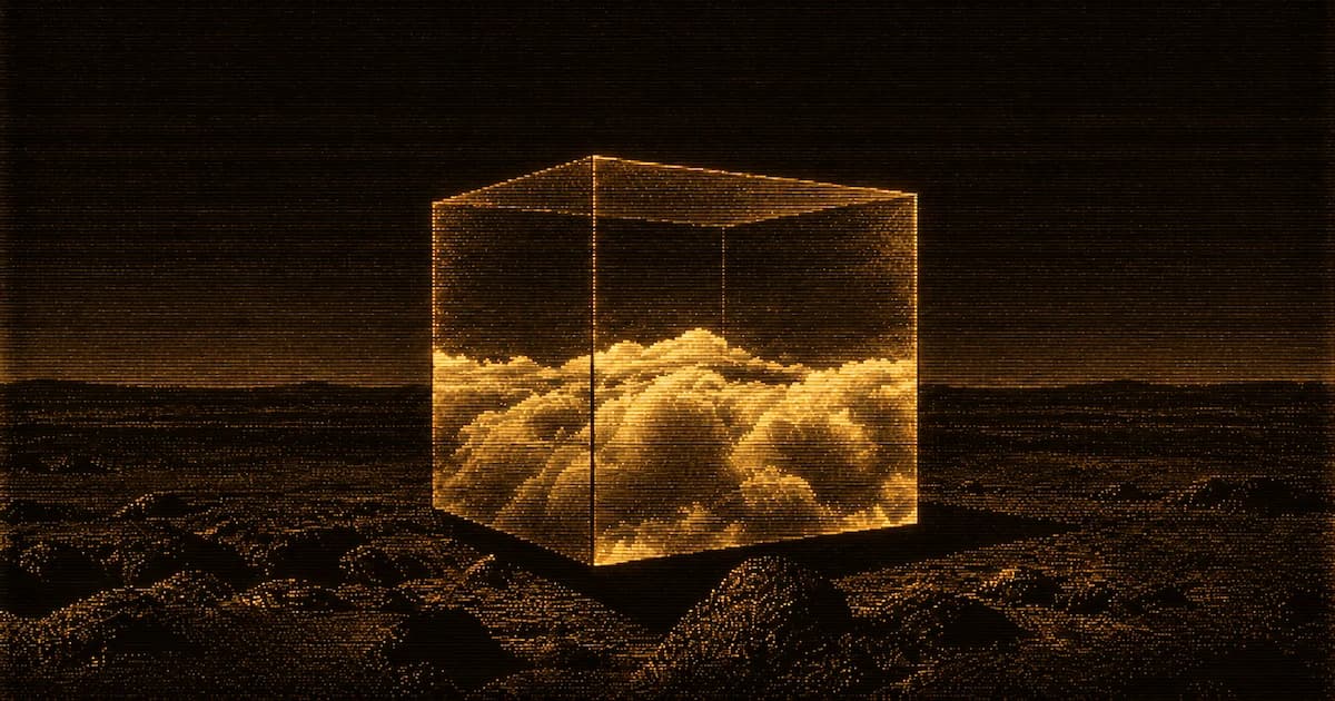 A clear glass cube containing a dense cloud mass, surrounded by a sparse barren landscape.