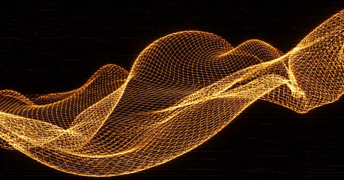 An abstract three-dimensional parametric wireframe mesh forming overlapping waves, peaks, and valleys.