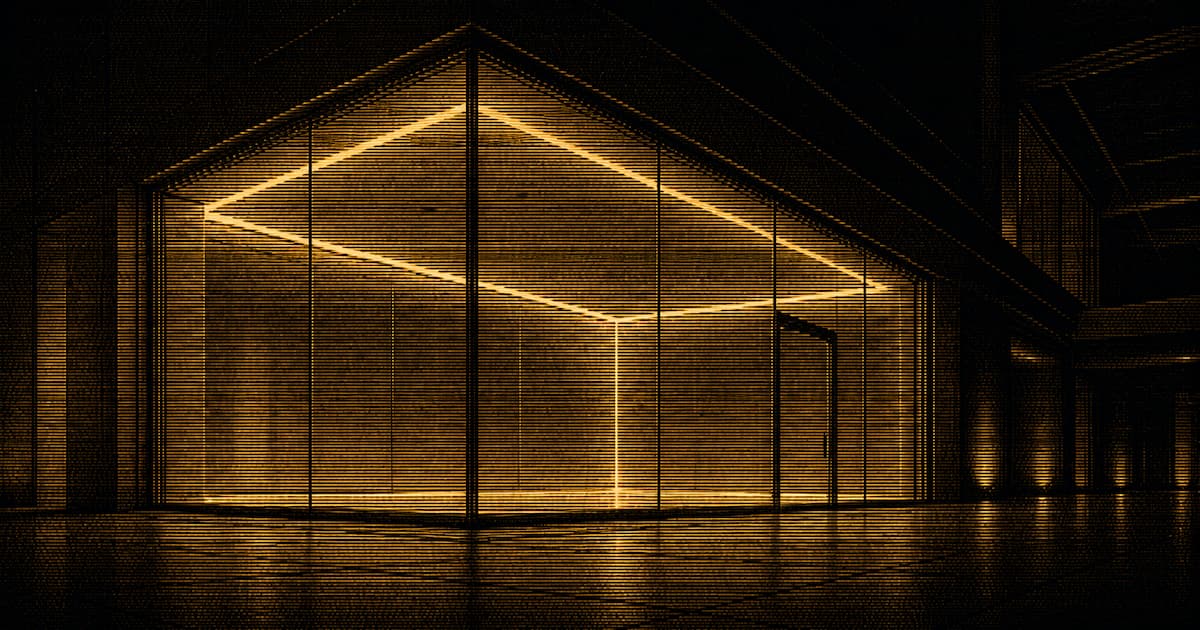 A large empty glass test chamber integrated into a dark, modern facility, with illuminated structural edges and a corridor extending into the surrounding building.
