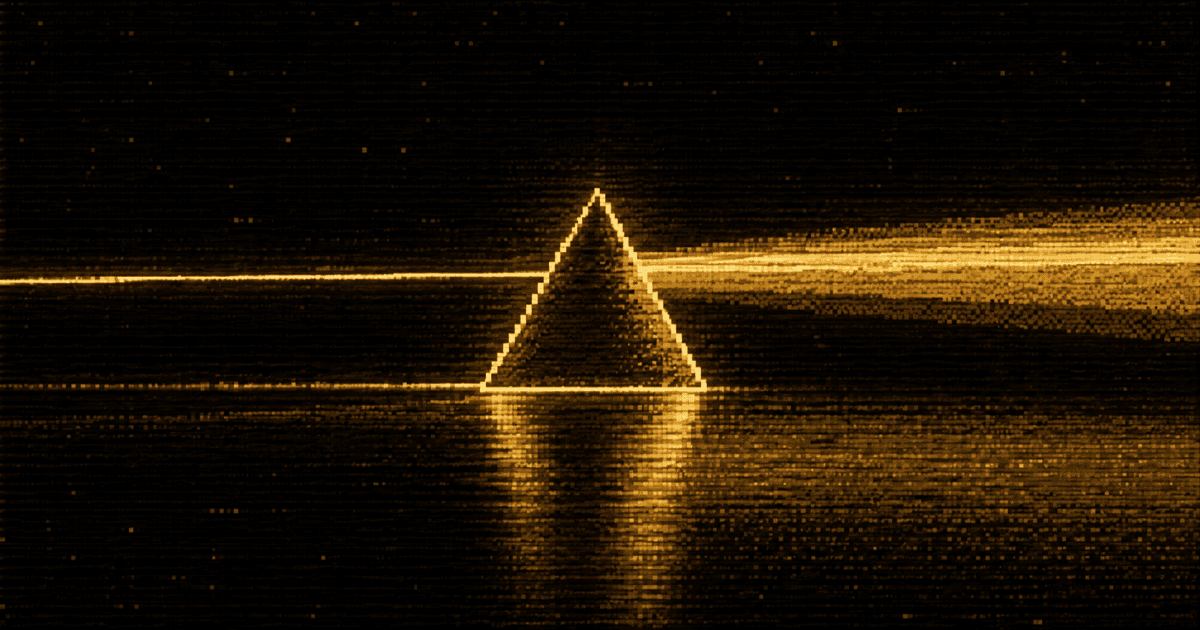 A triangular prism sits on a reflective dark surface as a narrow beam enters and spreads into a wider band of light.