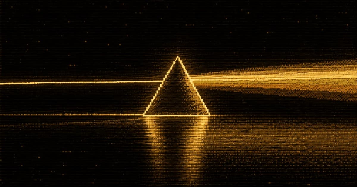 A triangular prism sits on a reflective dark surface as a narrow beam enters and spreads into a wider band of light.