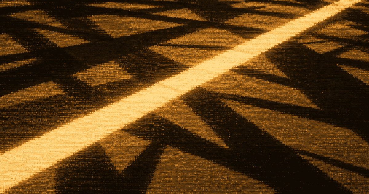 Dense angular shadows crossing the frame and a single narrow band of light cutting diagonally through them.