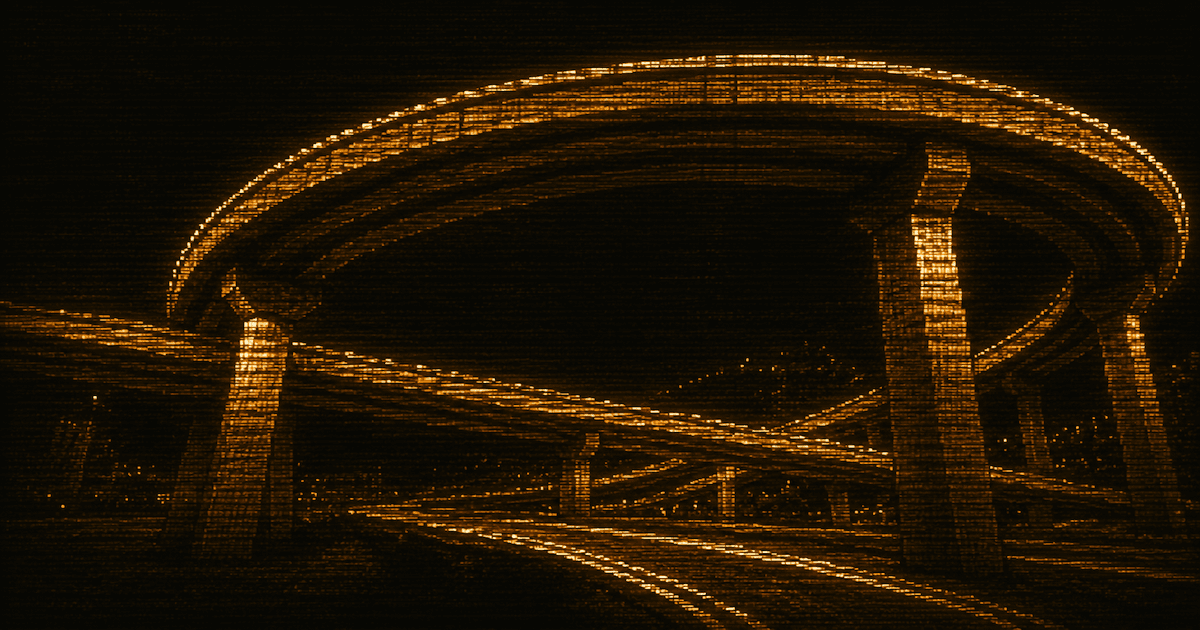 Low-angle view looking up beneath a multi-level highway interchange, with large curving flyovers and concrete supports overlapping against a dark retro computer-display background.