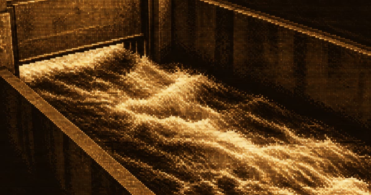 A partially lowered floodgate spans a narrow concrete water channel as turbulent water rushes downstream beneath it.