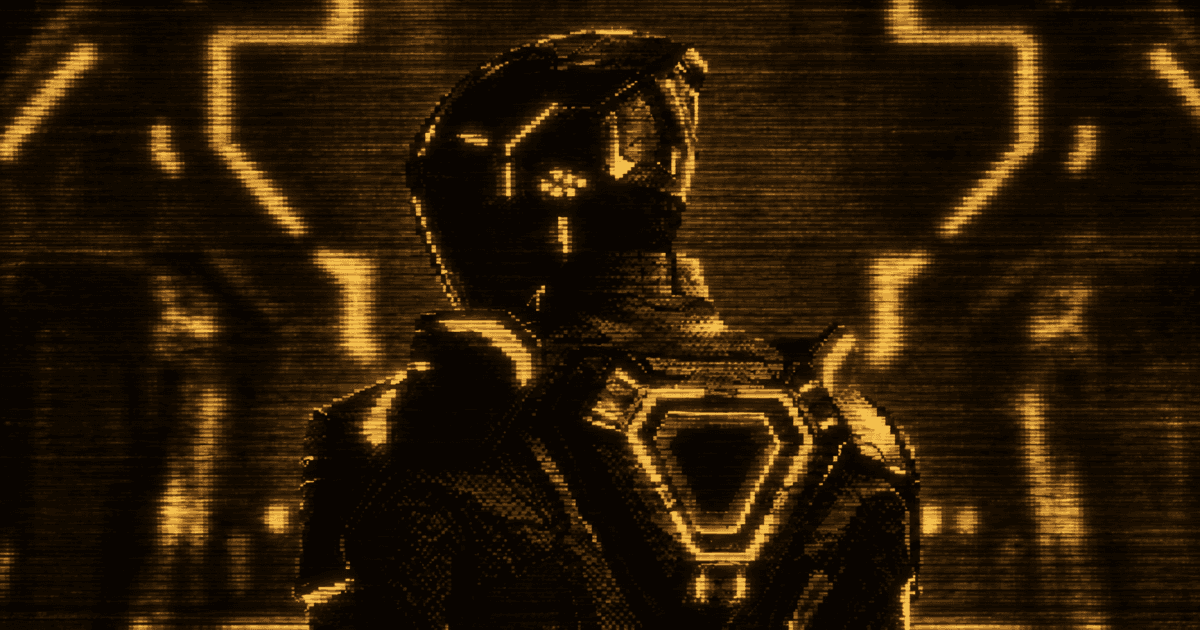 Futuristic armored humanoid standing in a geometric corridor.