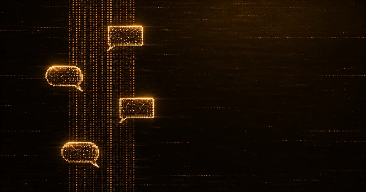 Four glowing, pixelated speech bubbles, alternating between rectangular and rounded shapes, arranged vertically alongside columns of digital dots.