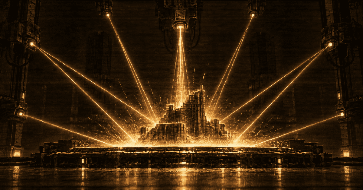 A large futuristic fabrication chamber where multiple beams converge on a central platform, assembling a partially formed block-like structure amid sparks and machinery.
