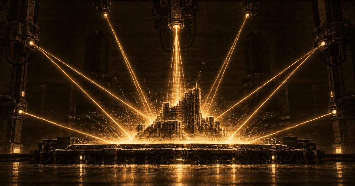 A large futuristic fabrication chamber where multiple beams converge on a central platform, assembling a partially formed block-like structure amid sparks and machinery.