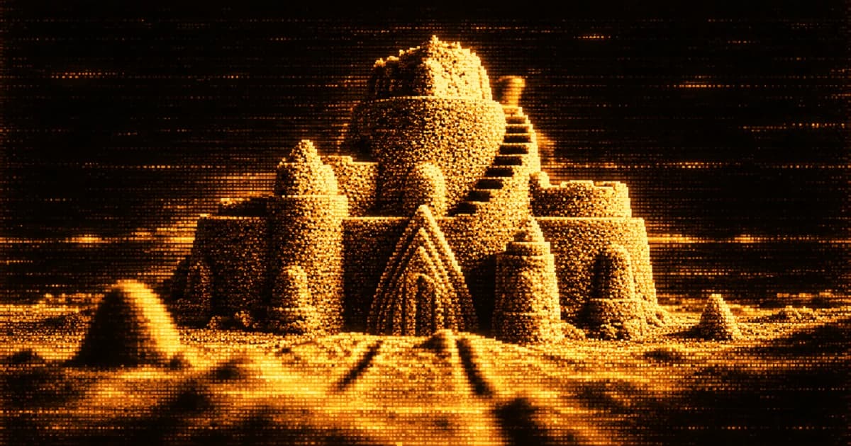 A pixelated sandcastle with multiple towers, a central arched entrance, and a staircase leading to the upper structure, against a dark background.