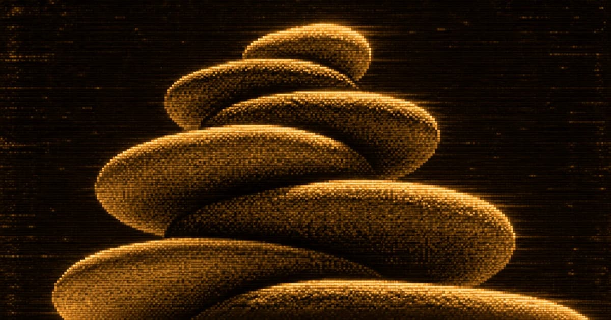 Low-angle view of several smooth, rounded stones stacked vertically against a dark background.