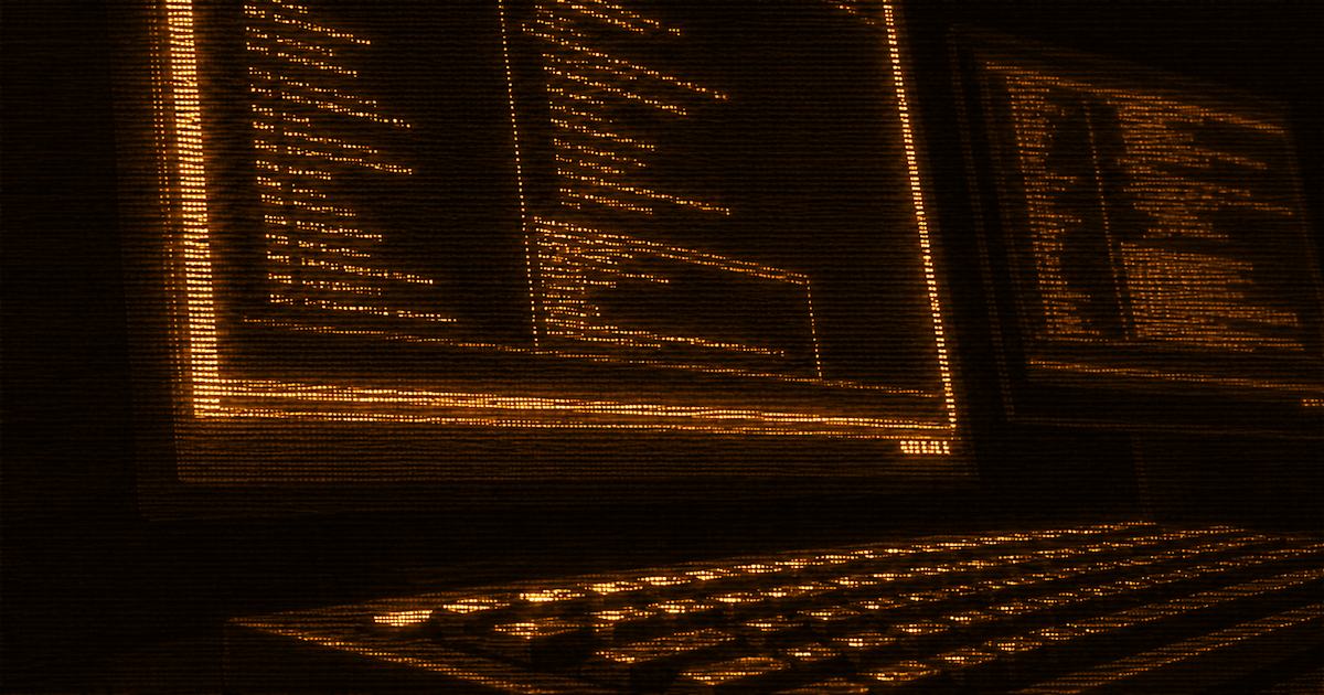 Close-up of a dark dual-monitor computer workstation with a keyboard in the foreground.