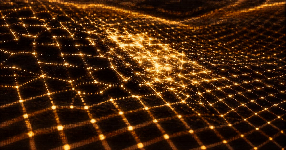 Abstract digital wireframe grid with a bright, densely reconnected section running through the center of a wider field of intersecting lines and nodes.
