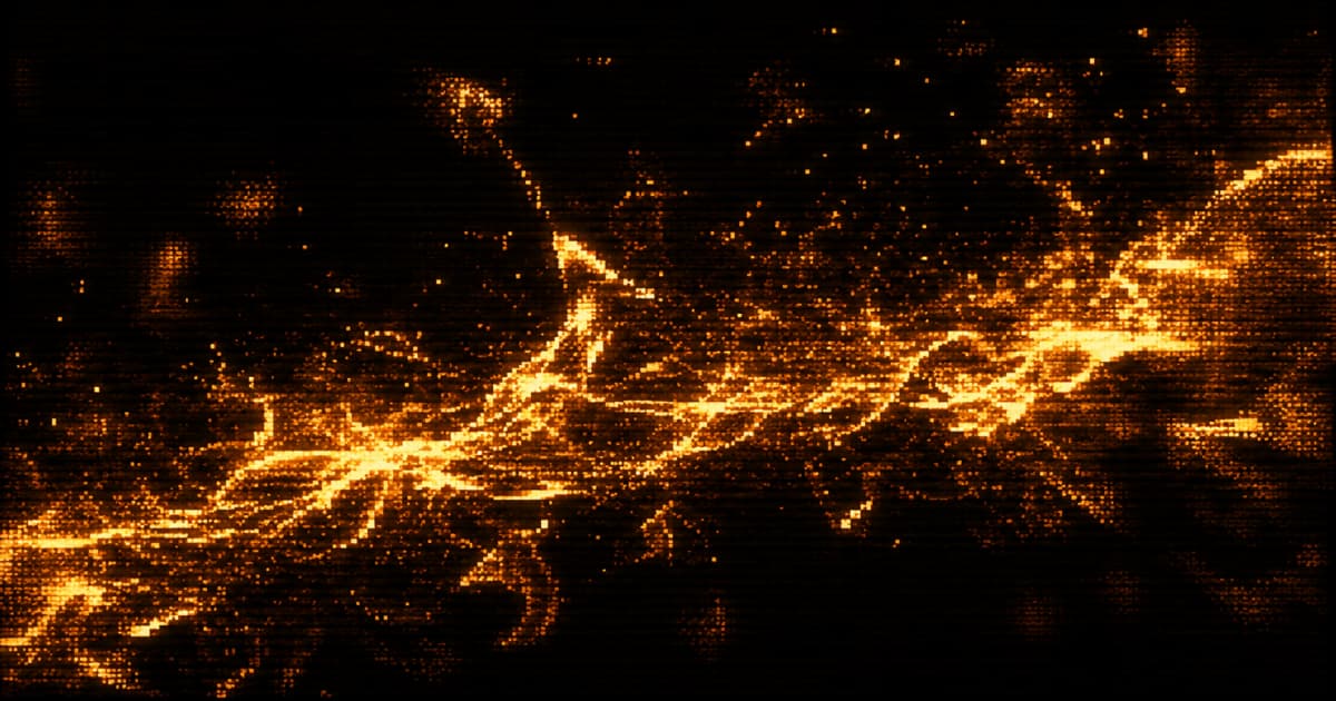 Abstract pixelated flame-like filaments and scattered sparks flowing horizontally across a dark background.