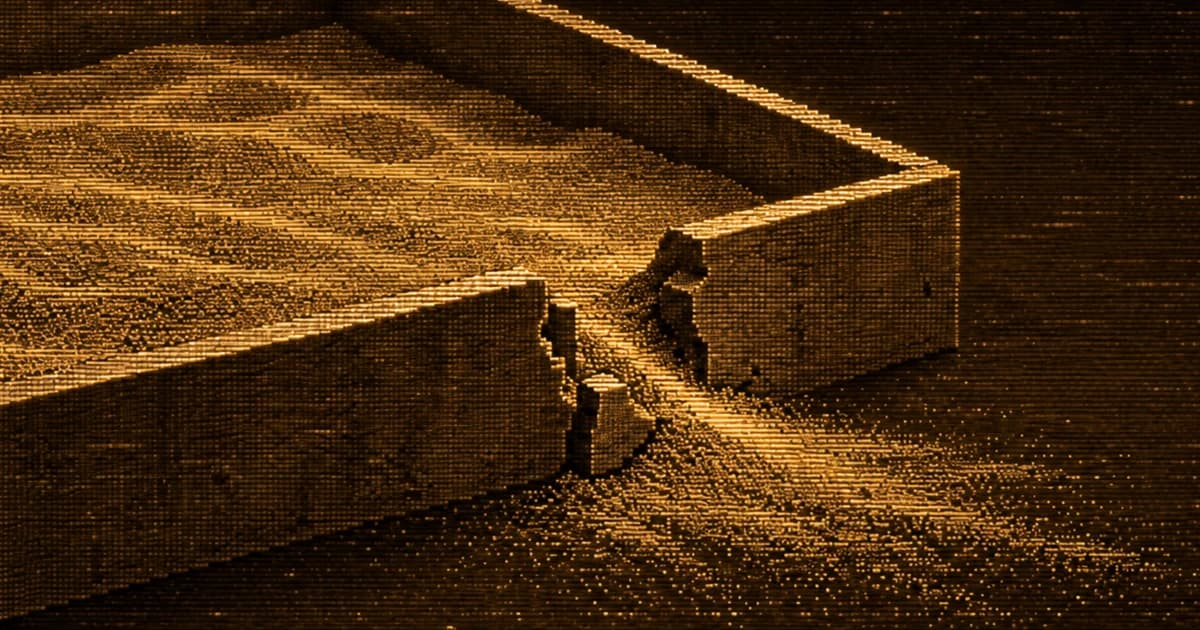 A rigid rectangular sandbox with a fractured side, where sand spills through the broken wall onto the ground outside.