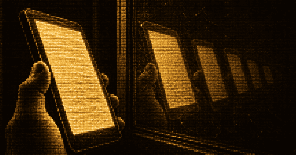A hand holding a smartphone beside a reflective glass surface, where multiple fading reflections of the phone recede into the distance.
