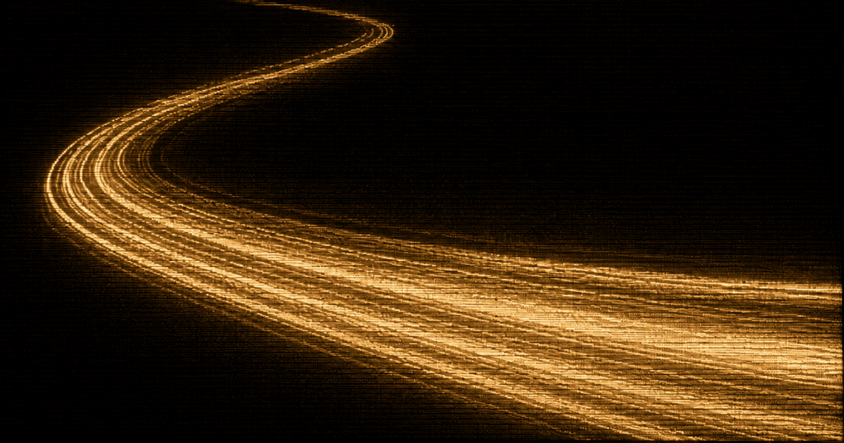 A glowing ribbon-like light trail curves across a dark field.