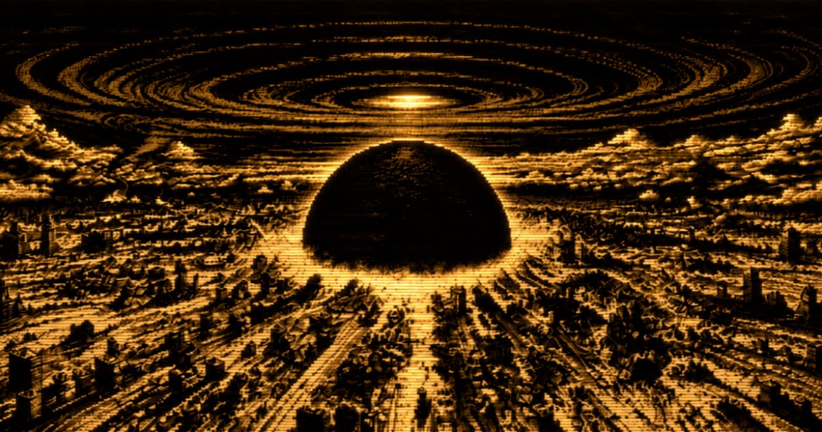 Pixelated view of a massive dark blast sphere over a devastated city.