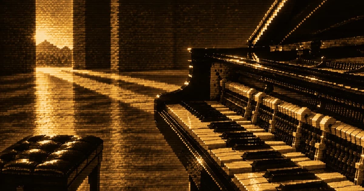 A self-playing grand piano sits beside an empty bench in a large room, with light streaming through an open doorway and casting long shadows across the floor.