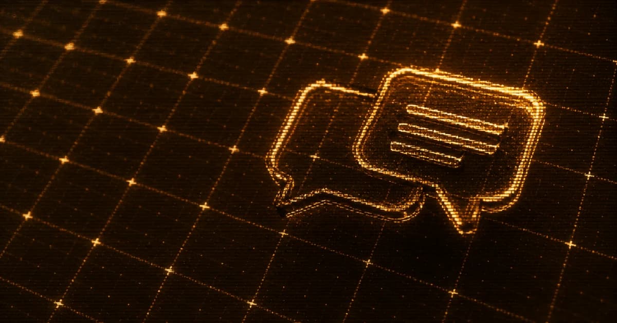 Two overlapping speech bubbles, one containing three horizontal lines, against a receding digital grid with glowing intersection points.