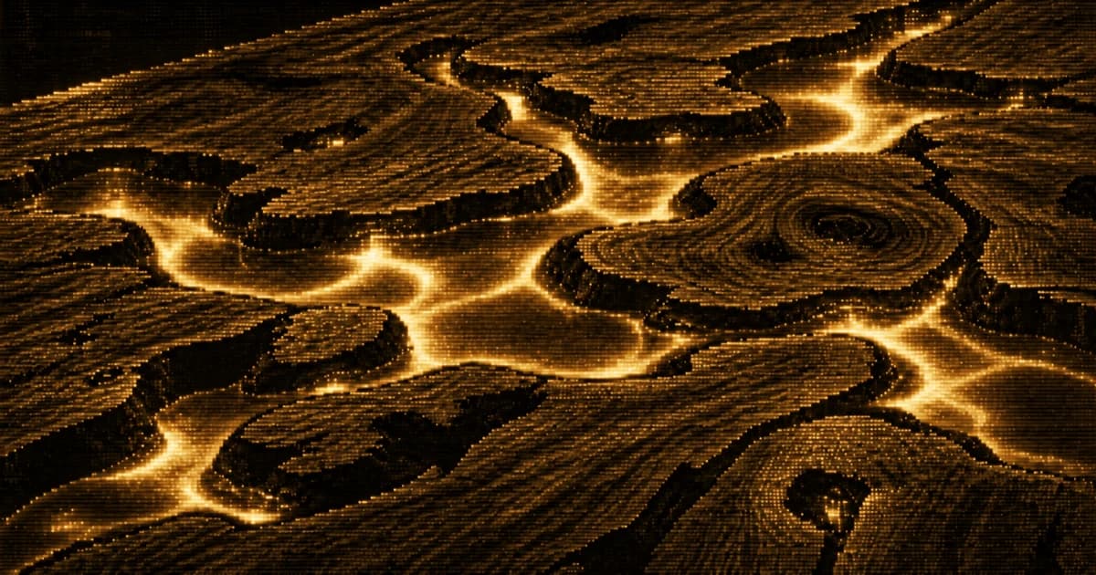 Close-up of a wood slab surface with multiple branching epoxy resin channels and pools winding between irregular sections of wood.