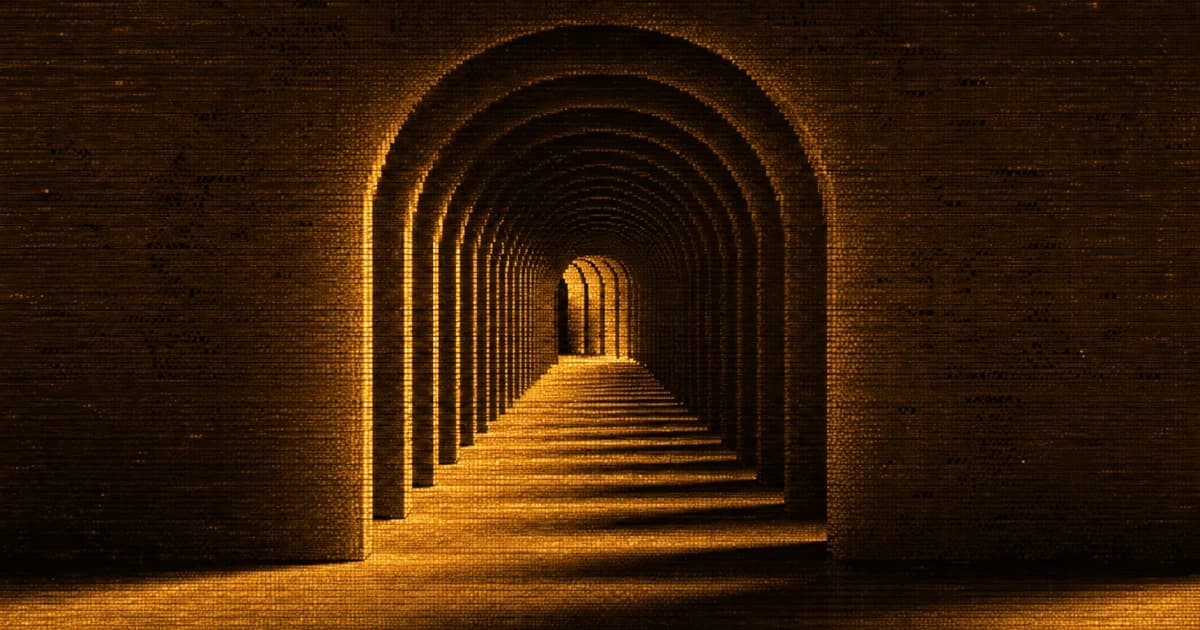 A symmetrical corridor of repeating arches recedes into the distance toward a bright opening.