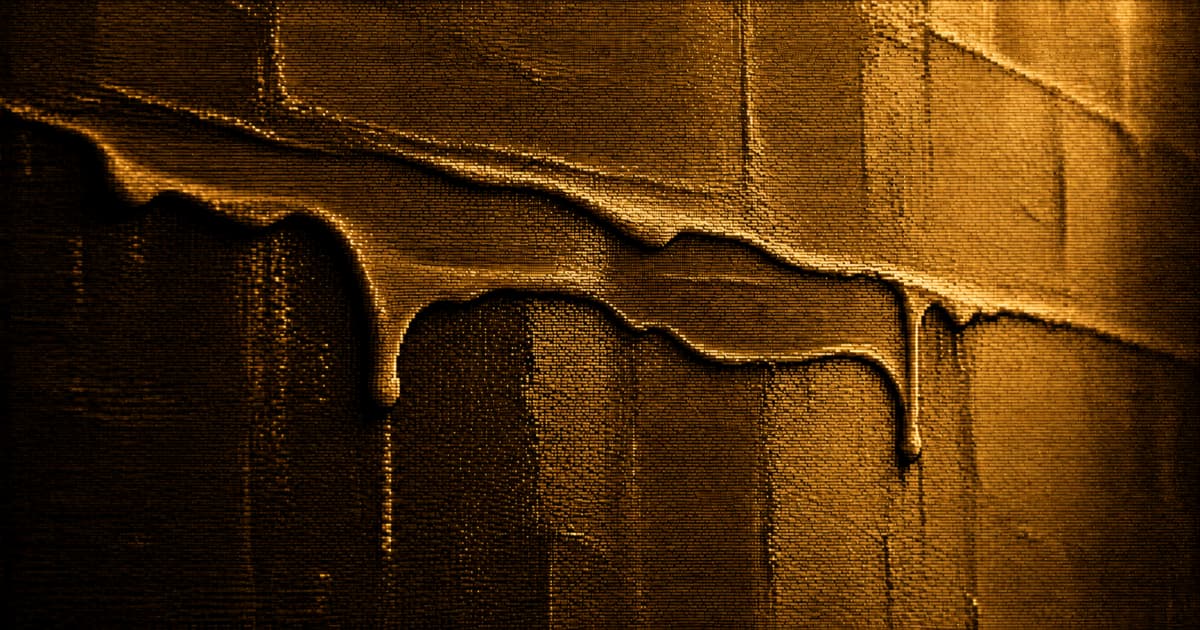 Close-up of thick wet paint layered across a textured wall, with glossy ridges, drips, and uneven seams visible across the surface.