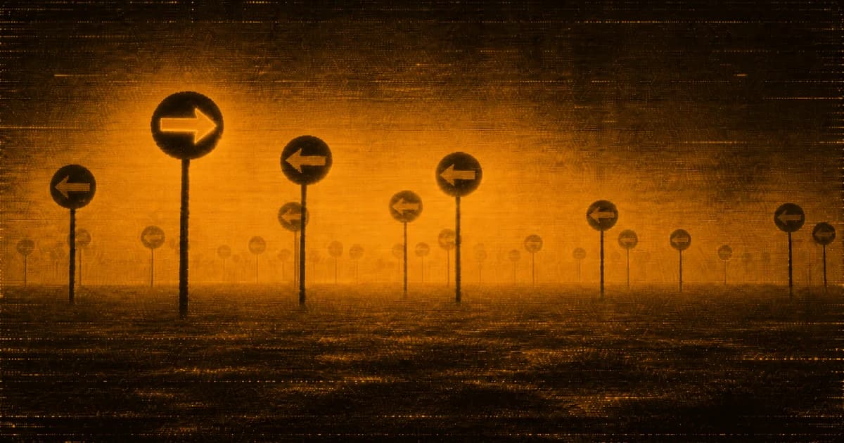 A fog-covered landscape filled with rows of circular directional signs, all pointing left except for one large foreground sign with a softly glowing right-pointing arrow.