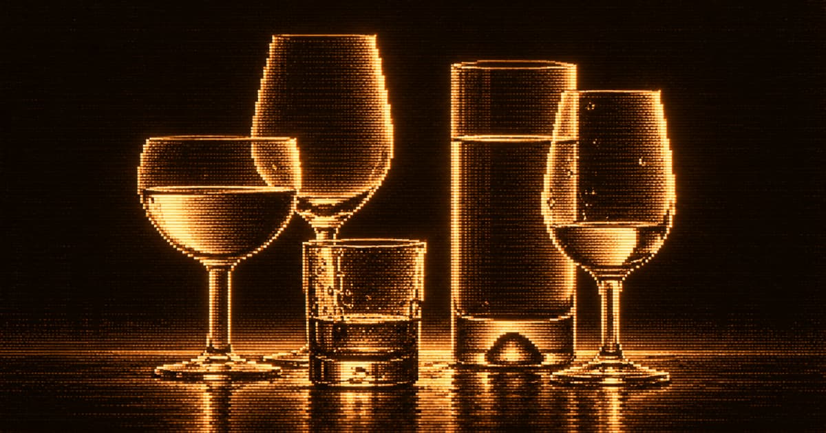 Five drinking glasses of different shapes and water levels on a reflective surface.