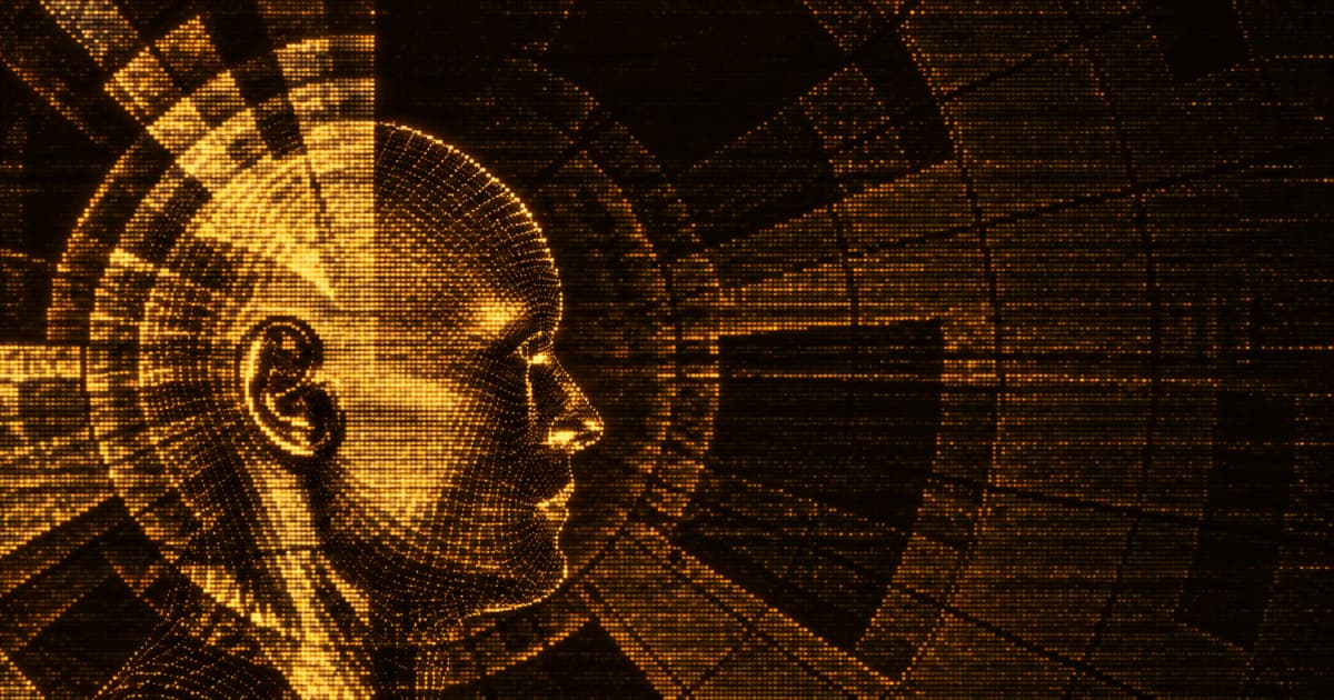 A digital human head surrounded by concentric rings and geometric patterns fading into a dark background.