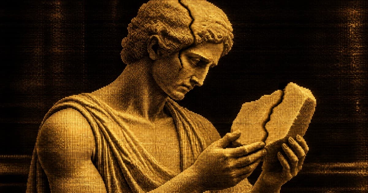 A classical marble statue looks down at a cracked stone fragment held in its hands, with a matching fracture running across the statue’s forehead.