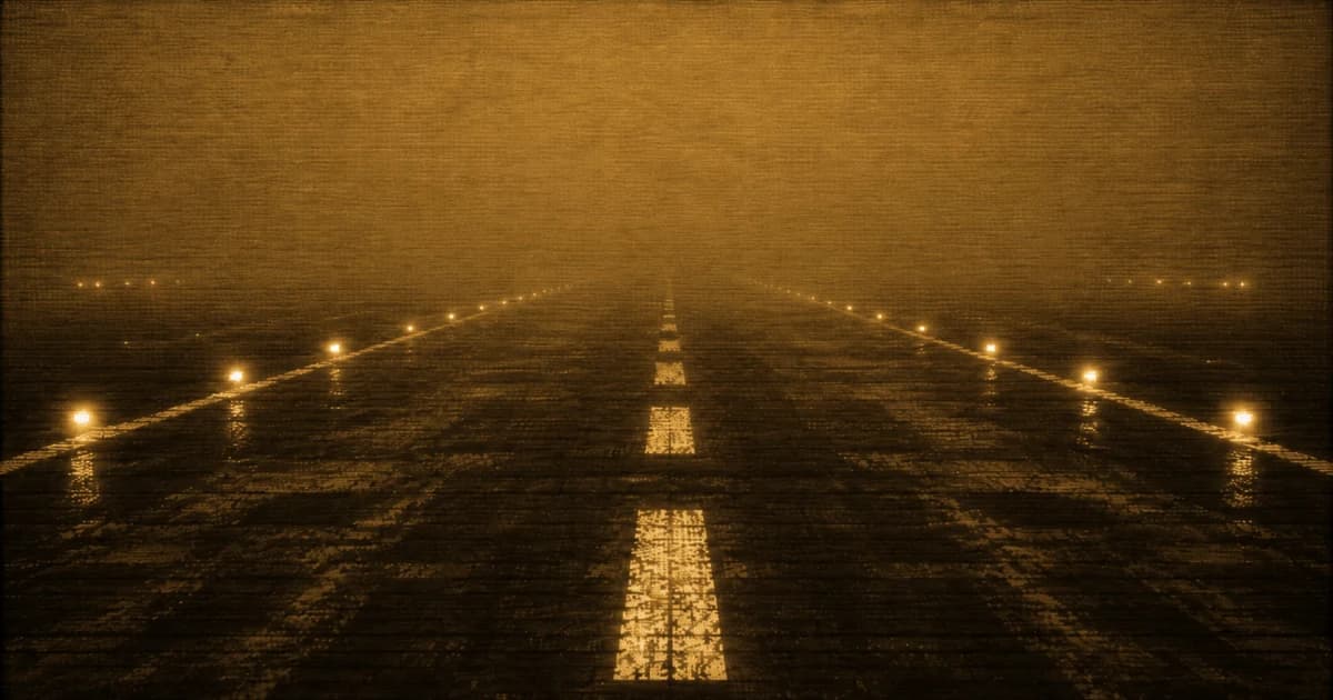 A fog-covered airport runway stretches into the distance.